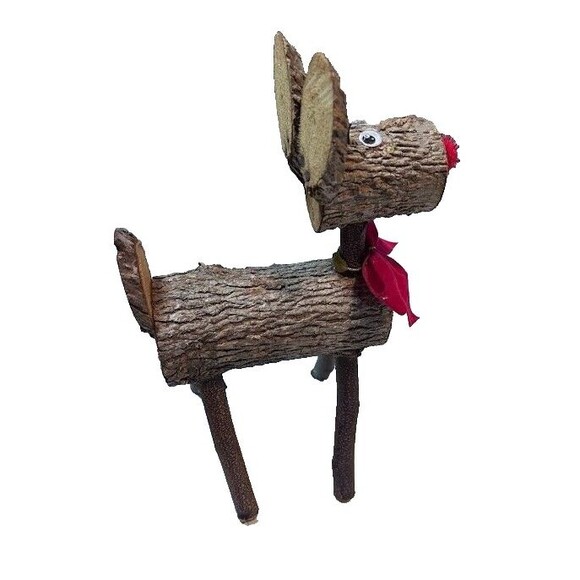 Rustic Wood Christmas Reindeer 12" Tabletop Decor Googly Eyes Red Nose Rudolph - Picture 4 of 6